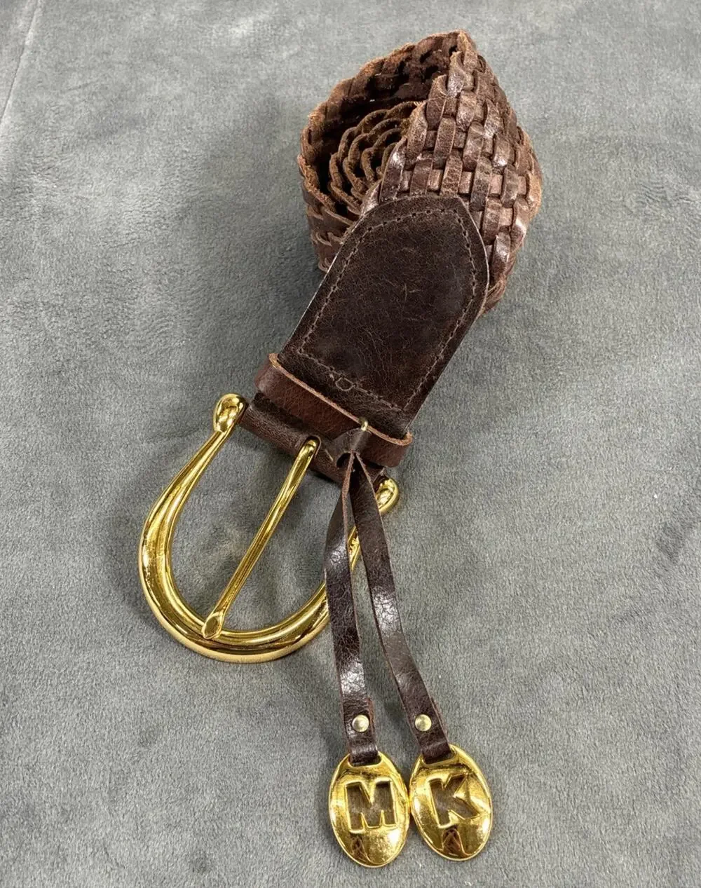 Michael Kors 553633 2” Wide Braided Leather Belt, Size S, Gold Hardware